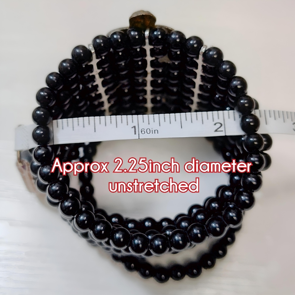 Upcycled Hand Crafted Extra Wide Black Bead Rhinestone Brass Cherub Bracelet - Picture 12 of 13